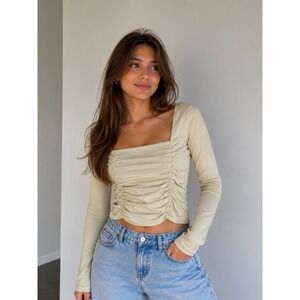 Hollister Womens Ruched Long Sleeve Top Small Cream Coquette Square Neck Casual